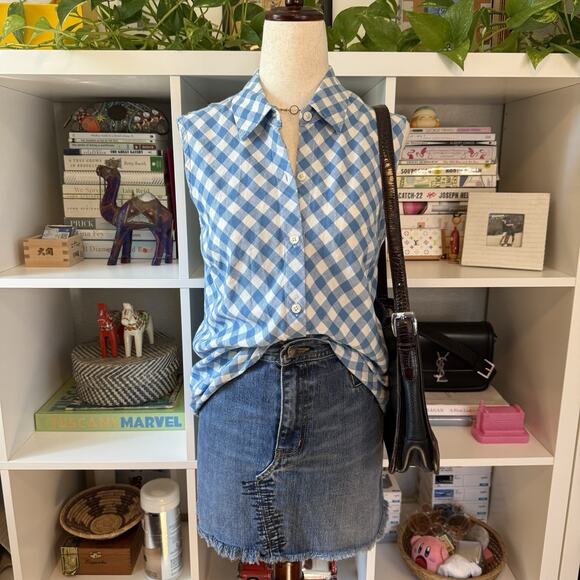 Vintage Talbots Linen Gingham Check Button Short Sleeve Blouse Top Blue Wms 8 - Picture 2 of 9